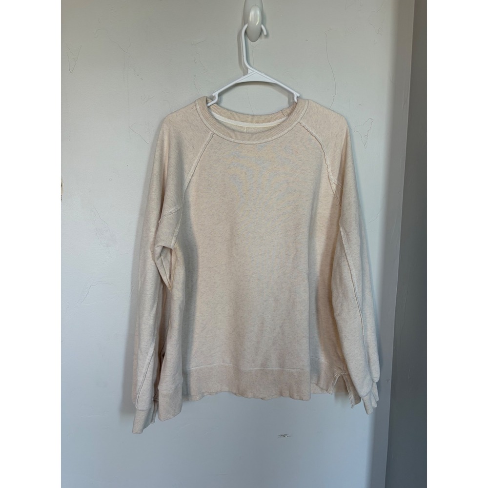 Aerie Womens Crewneck Sweatshirt Cream Heathered‎ Raglan Sleeve Raw Seam Large